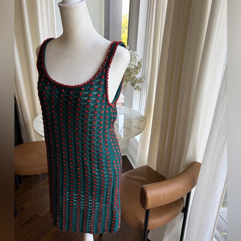 Designer Calvin Klein Crochet Tank Dress with Red Beading